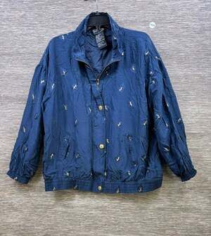 VTG Abvien 100% Silk Bomber Jacket XL Navy Blue Yellow Arrow Print Windbreaker